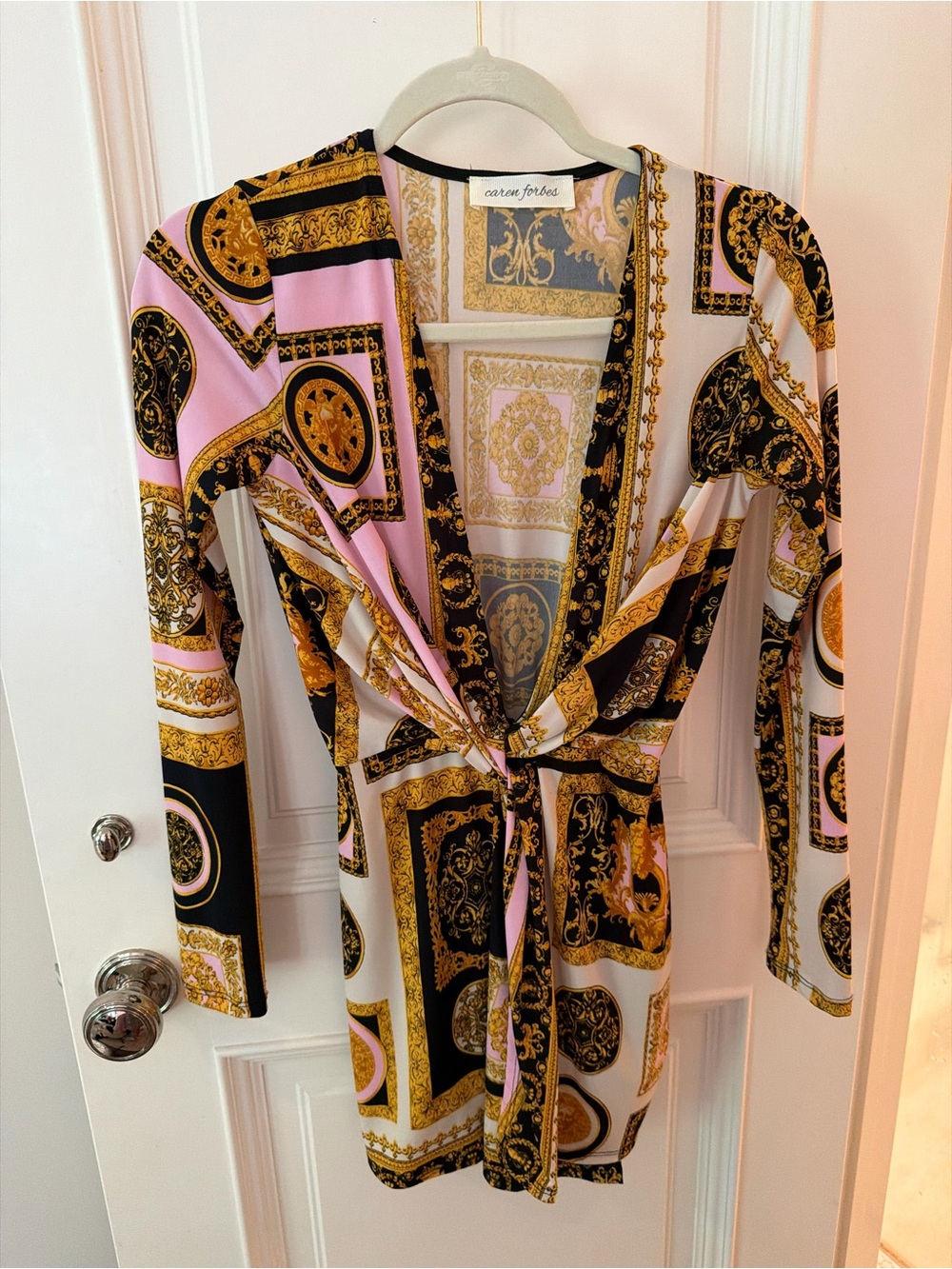 Caren Forbes Pink & Gold Printed Wrap Dress